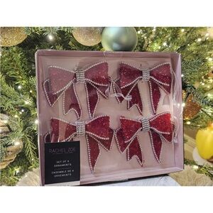 RACHEL ZOE ELEGANT RED/ SILVER CRYSTAL BOW ORNAMENTS 2 SETS